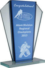 Load image into Gallery viewer, Amherst Glass Award with base" | "Elegant glass award for recognition" | "Corporate award glass plaque" | "Custom engraved Amherst award" | "Clear glass trophy with black base