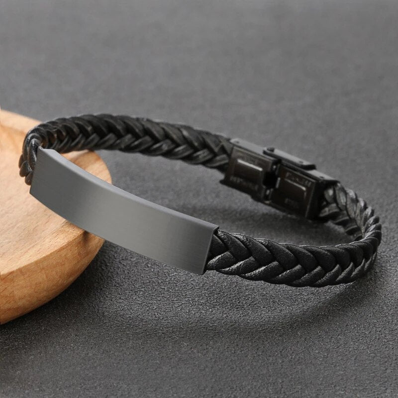 Woven Leather Rope Titanium Steel Bracelet