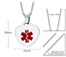 Load image into Gallery viewer, Medical Alert Heart Pendant Necklace- Silver
