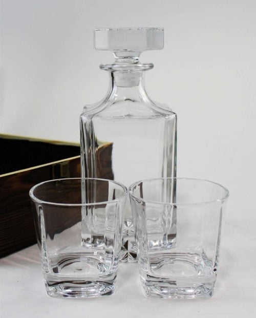 3 PC DECANTER SET WITH 2 GLASSES AND WOODEN BOX