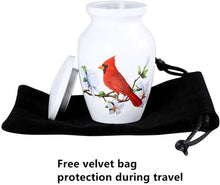 Load image into Gallery viewer, White Mini urn with beautiful cardinal design
