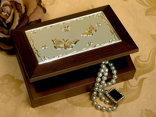 Silver Butterfly Wooden Jewelry Box