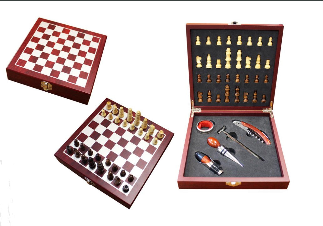CHESS BOX SET WITH 5 PC WINE TOOLS- ROSEWOOD BOX
