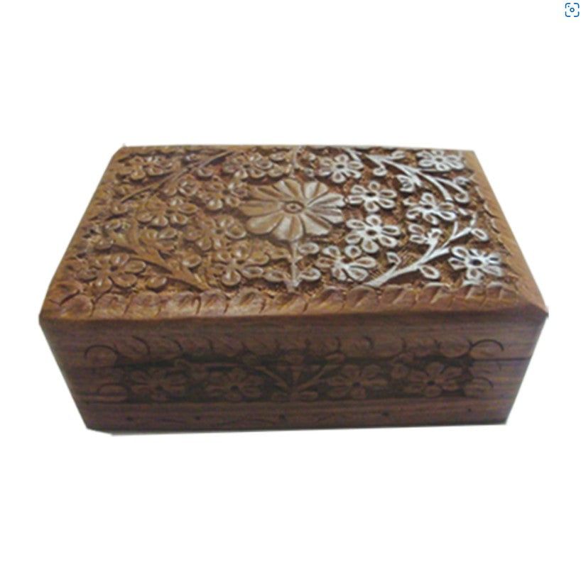 Daisy Carved Wooden Jewelry Box with Front Design