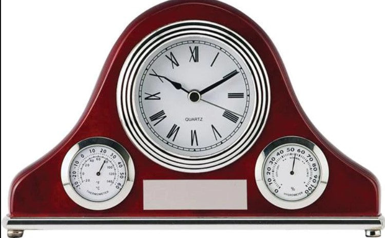 Beautiful rose wood weather station clock  with white face and silver detailing 