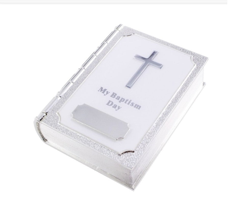 Silver Plated White Bible Trinket Box - Baptism