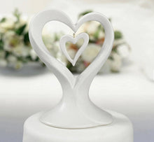 Load image into Gallery viewer, Wedding cake topper featuring white dangling double hearts | Elegant cake decoration | Heart-themed cake embellishment | Romantic wedding accent | Delicate double heart cake adornment
