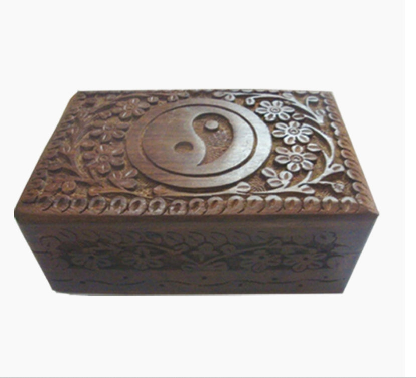 Ying Yang Carved Wooden Jewelry Box with Front Design